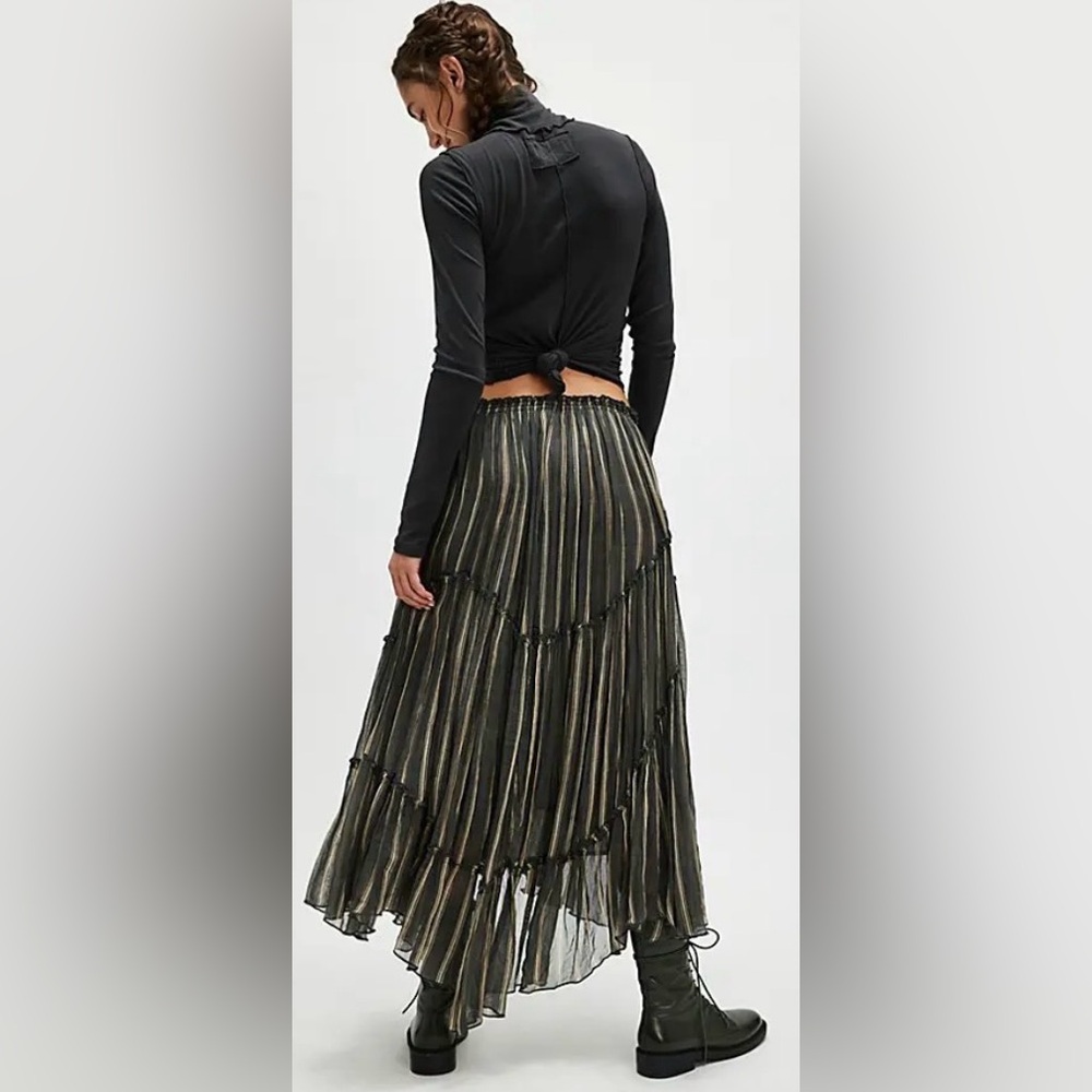 Free People Olive Green Striped Pleated Midi Skirt - Picture 3 of 11